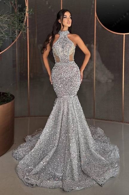 Luxurious High Neck Sleeveless Mermaid Prom Dress with Sequins and Rhinestones