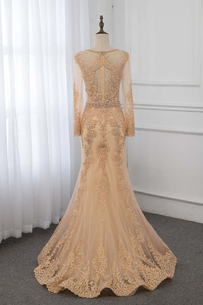 Luxury Jewel Long Sleeves Mermaid Prom Dresses with Rhinestone Appliques