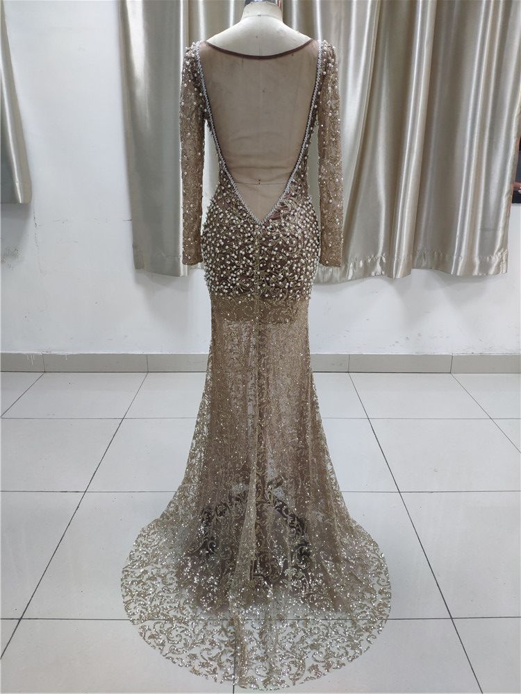 Luxury Lace Long Sleeves Slit Prom Dresses with Appliques Pearls