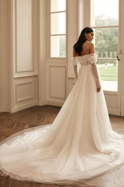 Luxury Long Sleeves Off-the-Shoulder A-Line Wedding Dress with Sequined Embellishments