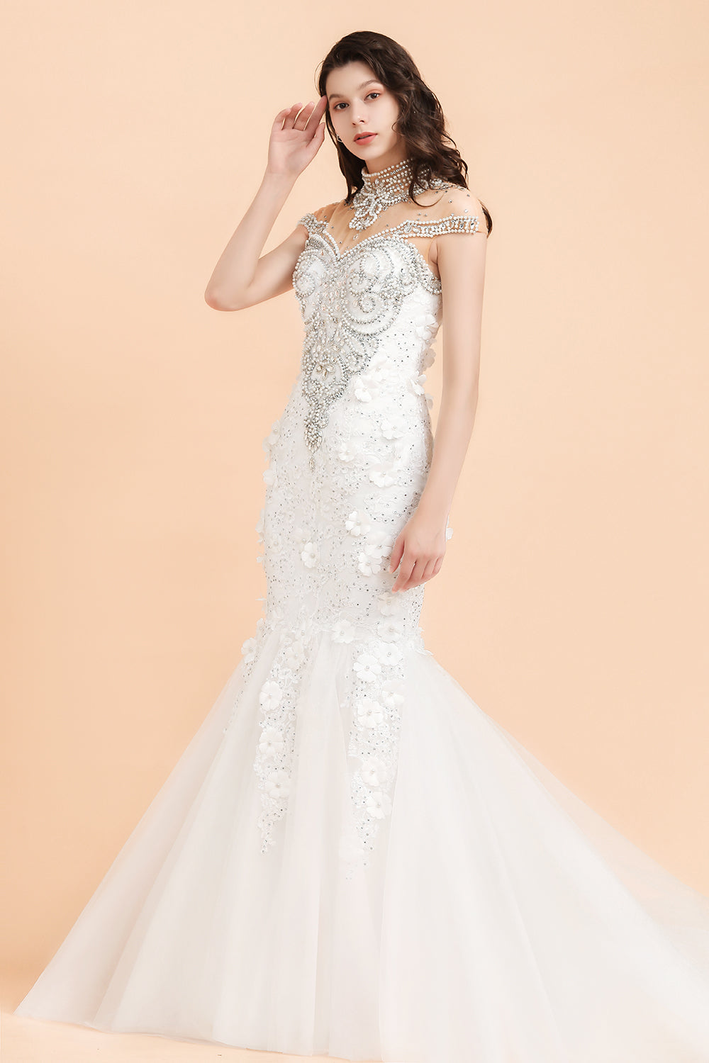 Luxury Mermaid Wedding Dress Tulle Lace Sequins Sleeveless Bridal Gowns with Pearls