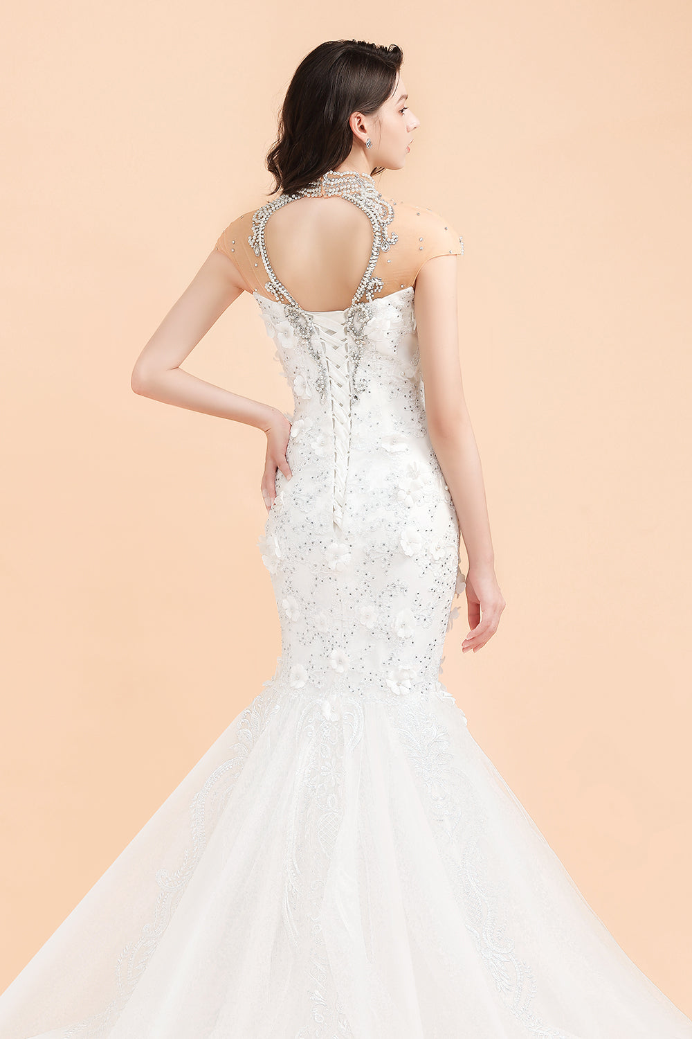 Luxury Mermaid Wedding Dress Tulle Lace Sequins Sleeveless Bridal Gowns with Pearls