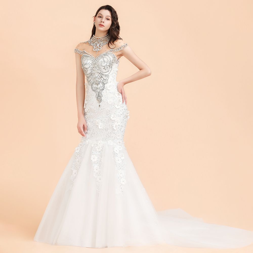 Luxury Mermaid Wedding Dress Tulle Lace Sequins Sleeveless Bridal Gowns with Pearls