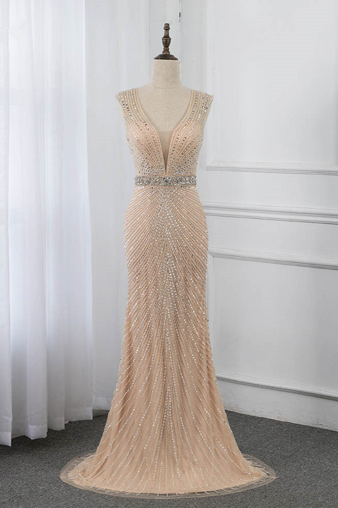 Luxury V-Neck Beadings Mermaid Prom Dresses with Crystals On Sale