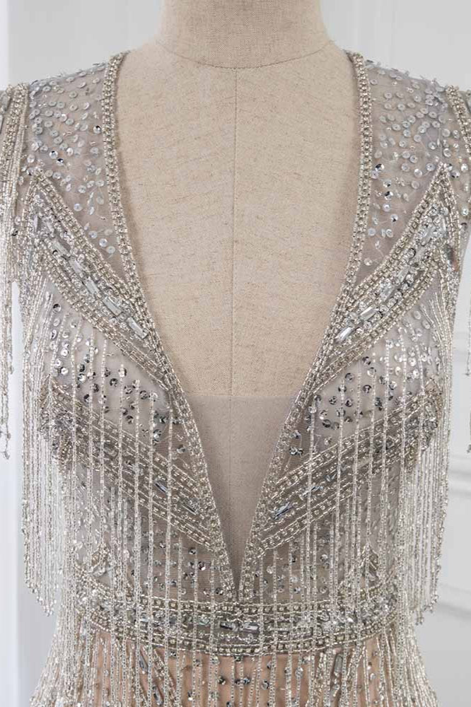 Luxury V-Neck Silver Mermaid Prom Dresses with Crystals On Sale