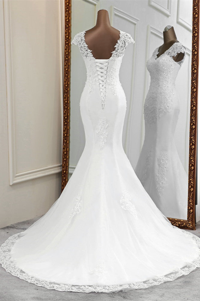 Luxury V-Neck Sleeveless White Lace Mermaid Wedding Dresses with Appliques