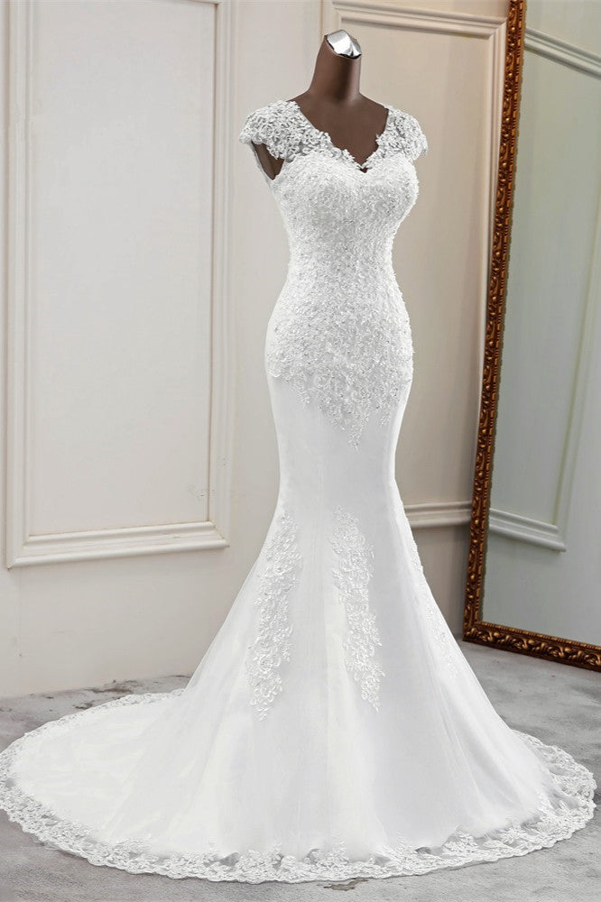 Luxury V-Neck Sleeveless White Lace Mermaid Wedding Dresses with Appliques