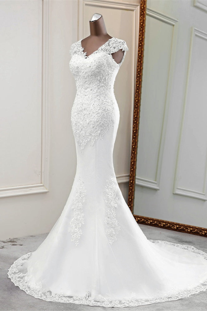 Luxury V-Neck Sleeveless White Lace Mermaid Wedding Dresses with Appliques