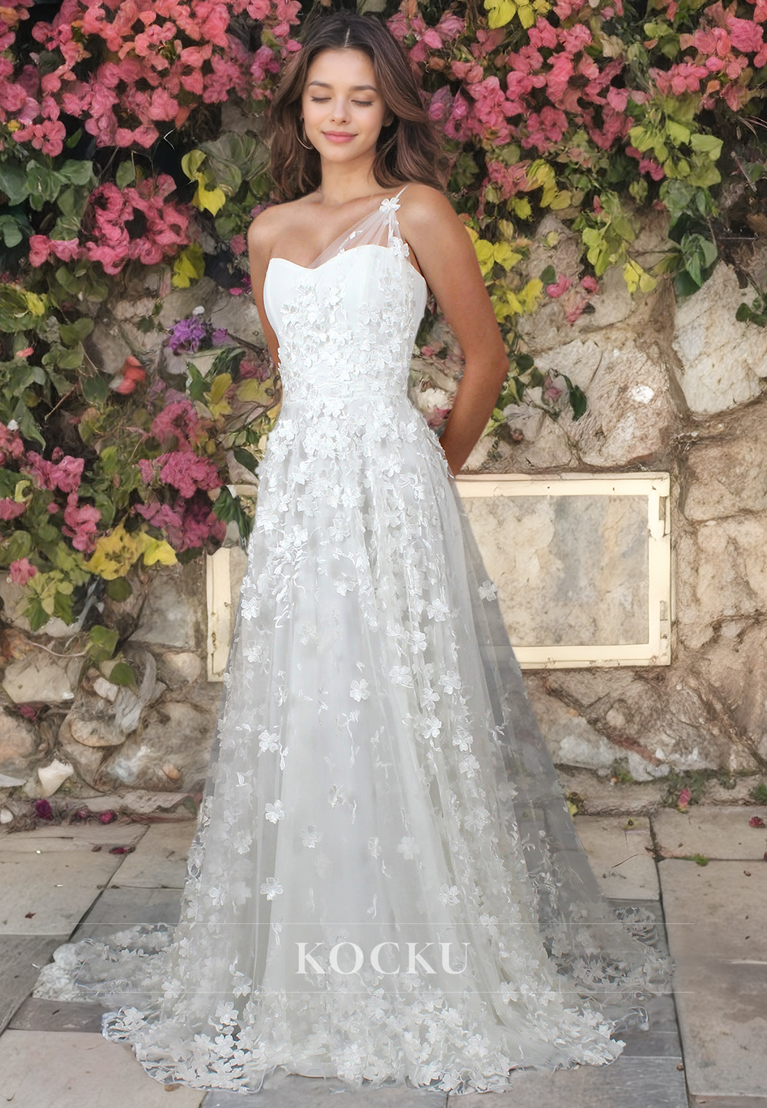 A Line One Shoulder Lace Wedding Dress with Train Bridal Dress