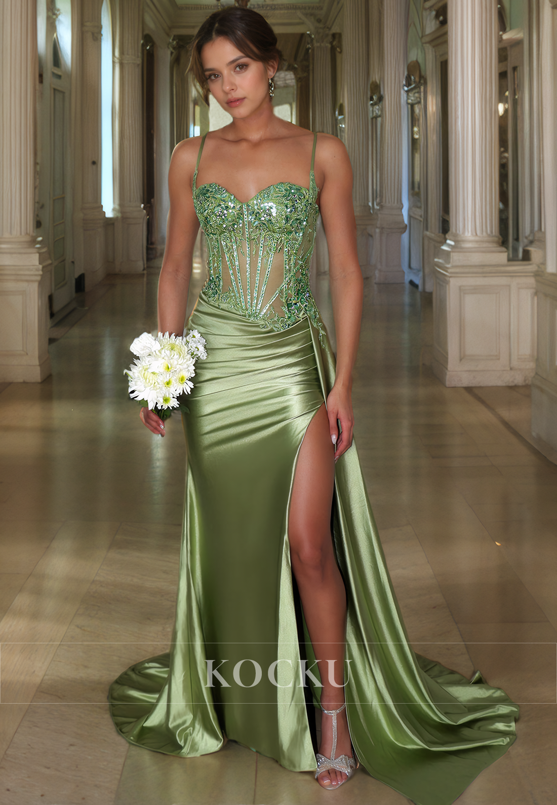 Couture & Ornate Spaghetti Straps Sequined Split Evening Party Prom Dress