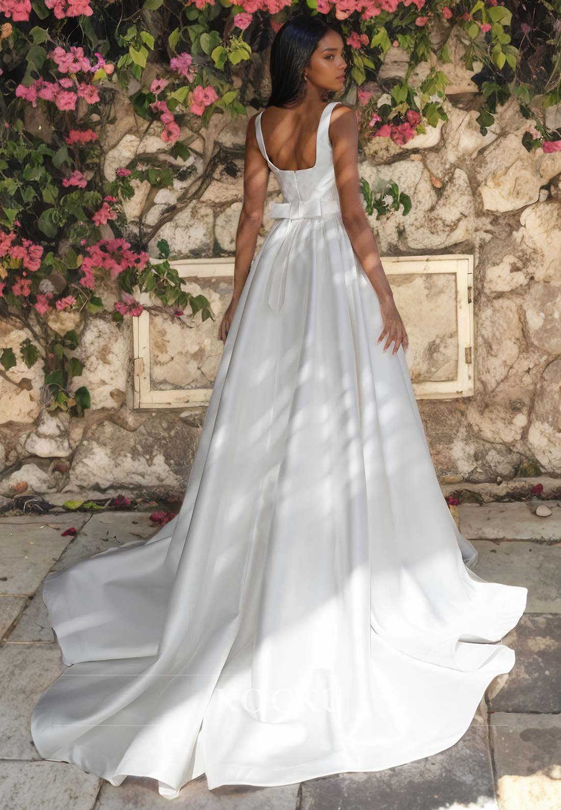 Causal & Simple A Line Square Satin Wedding Dress with Train Bridal Gown