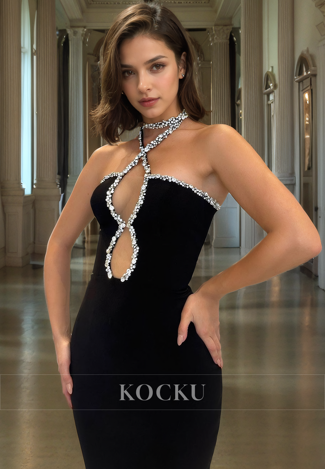 Couture & Ornate Rhinestone Halter Sleeveless Sheath Evening Party Prom Dress