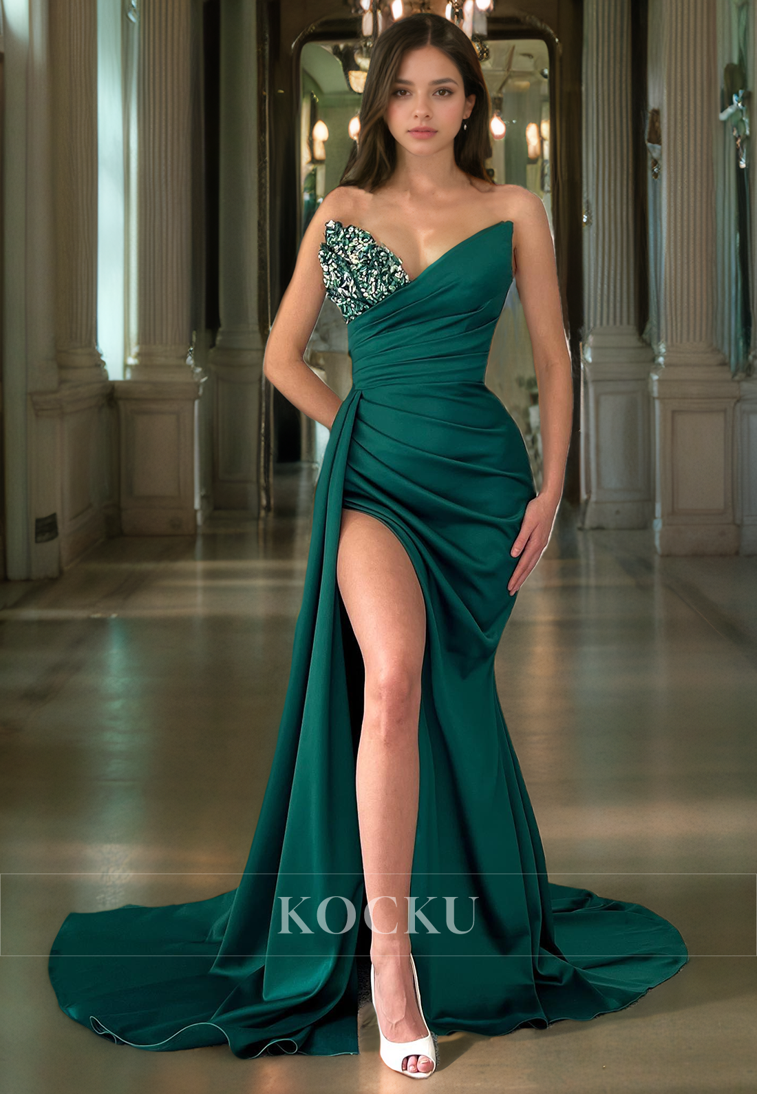 Elegant & Luxurious V-Neck Sleeveless Sheath Split Ruched Evening Party Prom Dress