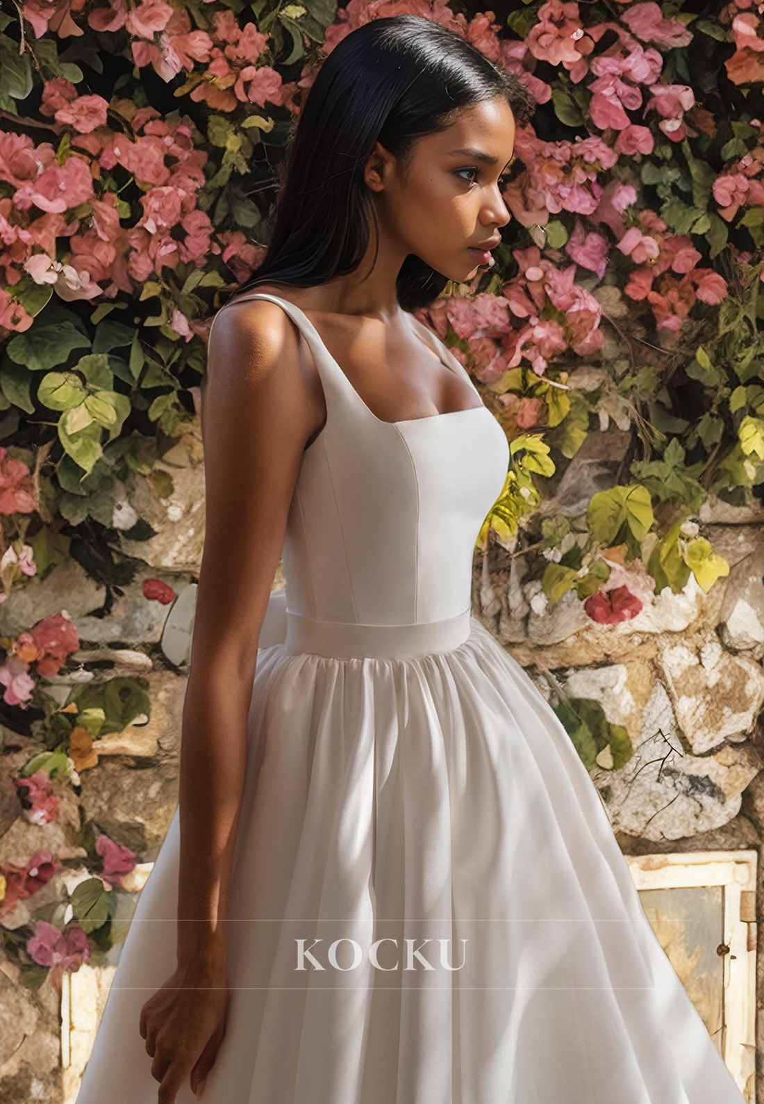 Causal & Simple A Line Square Satin Wedding Dress with Train Bridal Gown