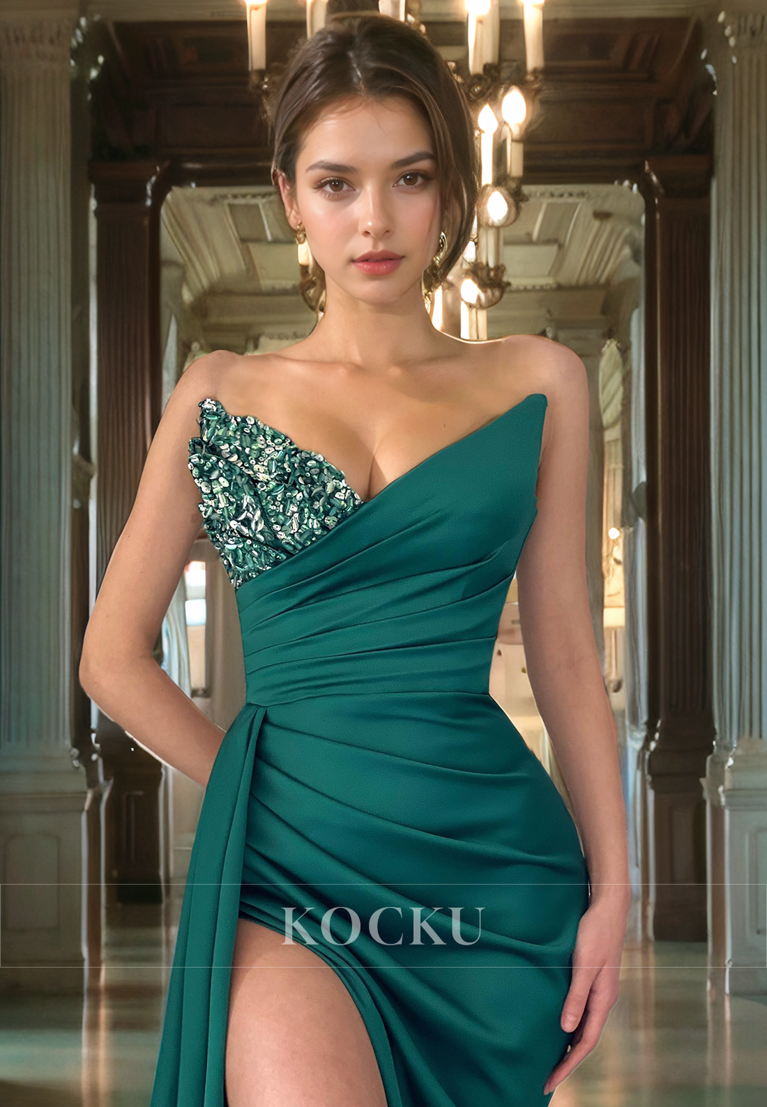 Elegant & Luxurious V-Neck Sleeveless Sheath Split Ruched Evening Party Prom Dress