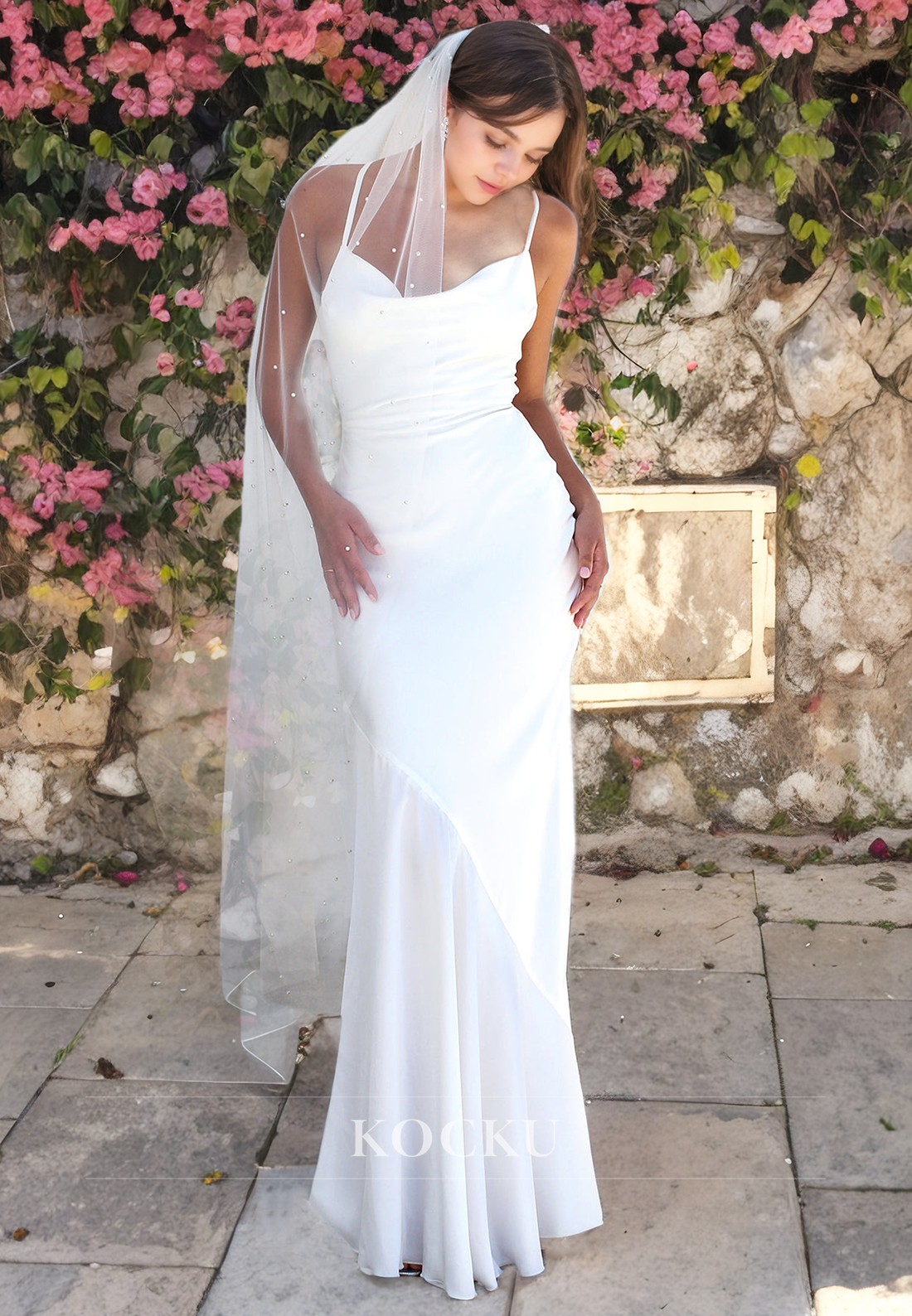 Causal & Simple Sheath Strapless Satin Boho Wedding Gowns with Train