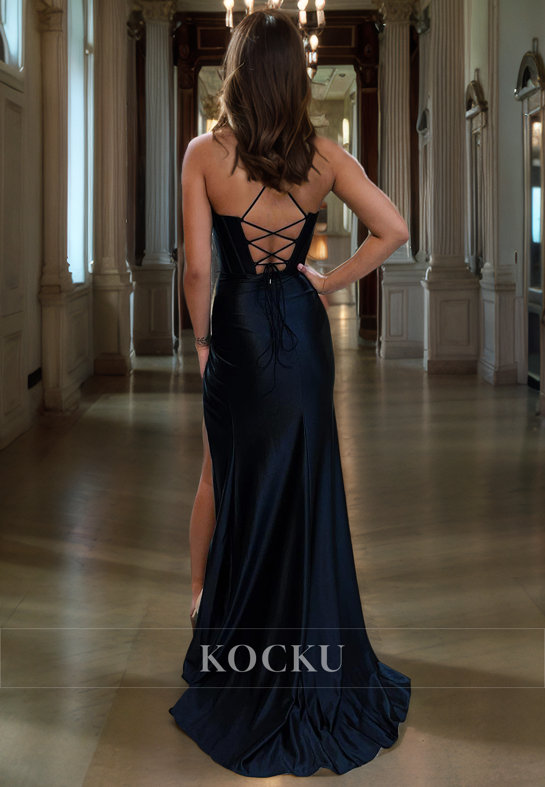 Sexy & Morden Spaghetti Straps Split Satin Evening Party Prom Dress