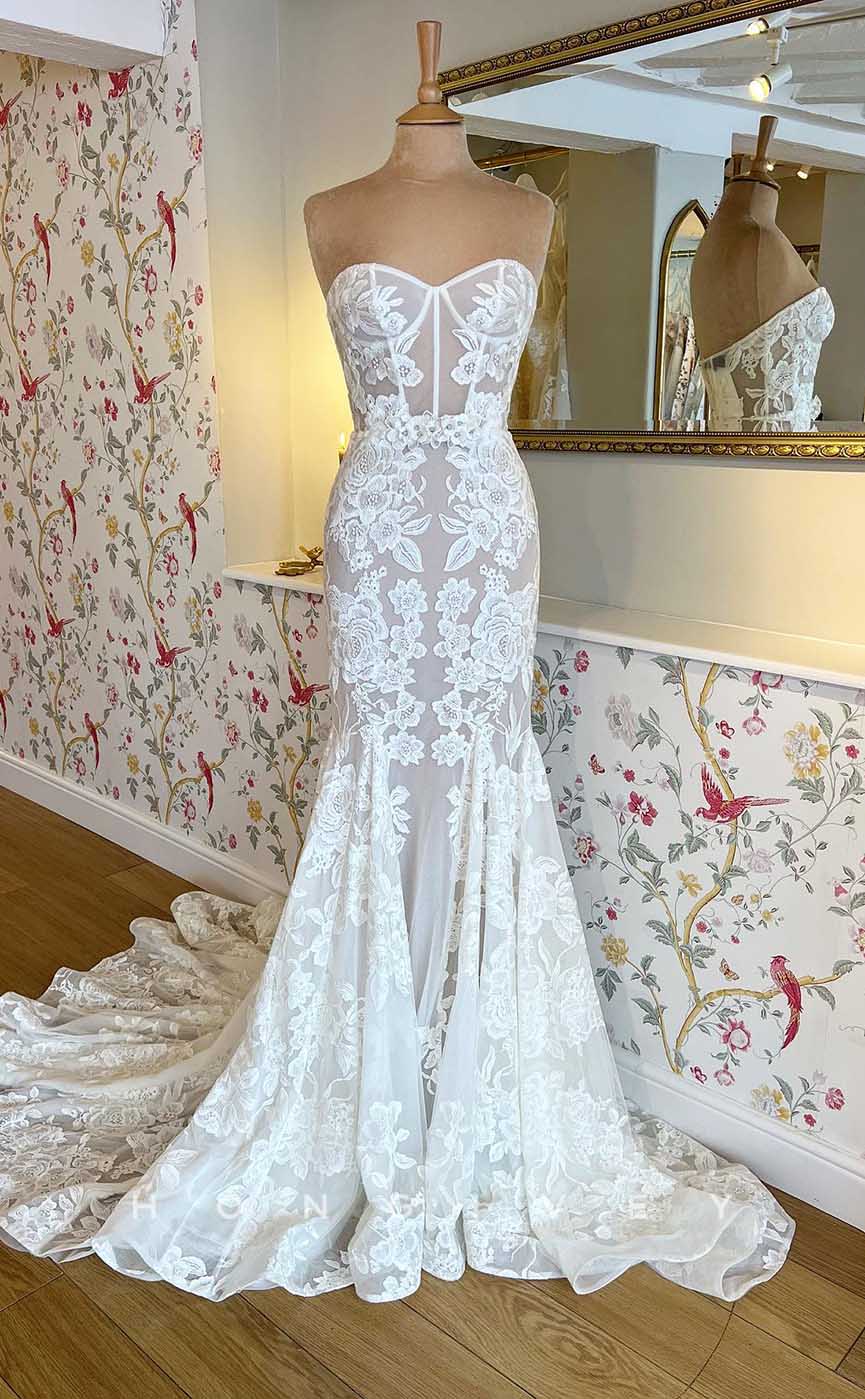 H1723 - Sweetheart Strapless Trumpet Lace Applique With Train Sheer Wedding Dress