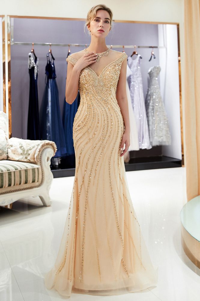 MARTHA Mermaid Floor Length Sleeveless Golden Beading Evening Gowns