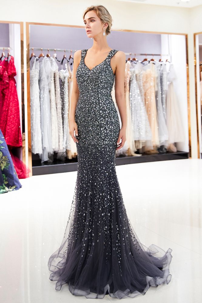 MAY Mermaid Floor Length V-neck Sleeveless Crystals Beading Formal Party Dresses