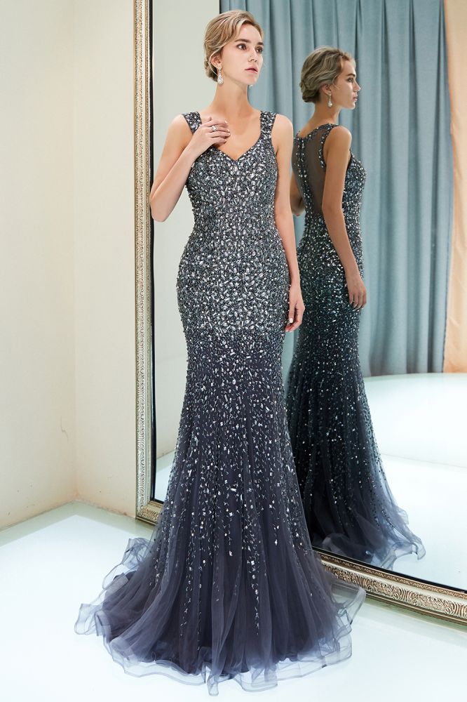 MAY Mermaid Floor Length V-neck Sleeveless Crystals Beading Formal Party Dresses