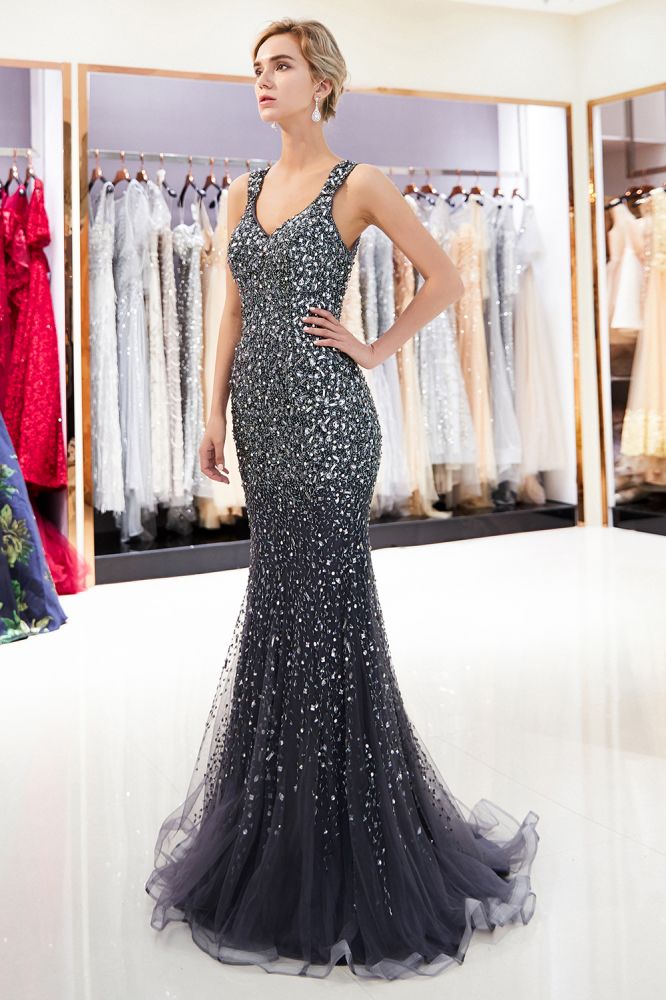 MAY Mermaid Floor Length V-neck Sleeveless Crystals Beading Formal Party Dresses