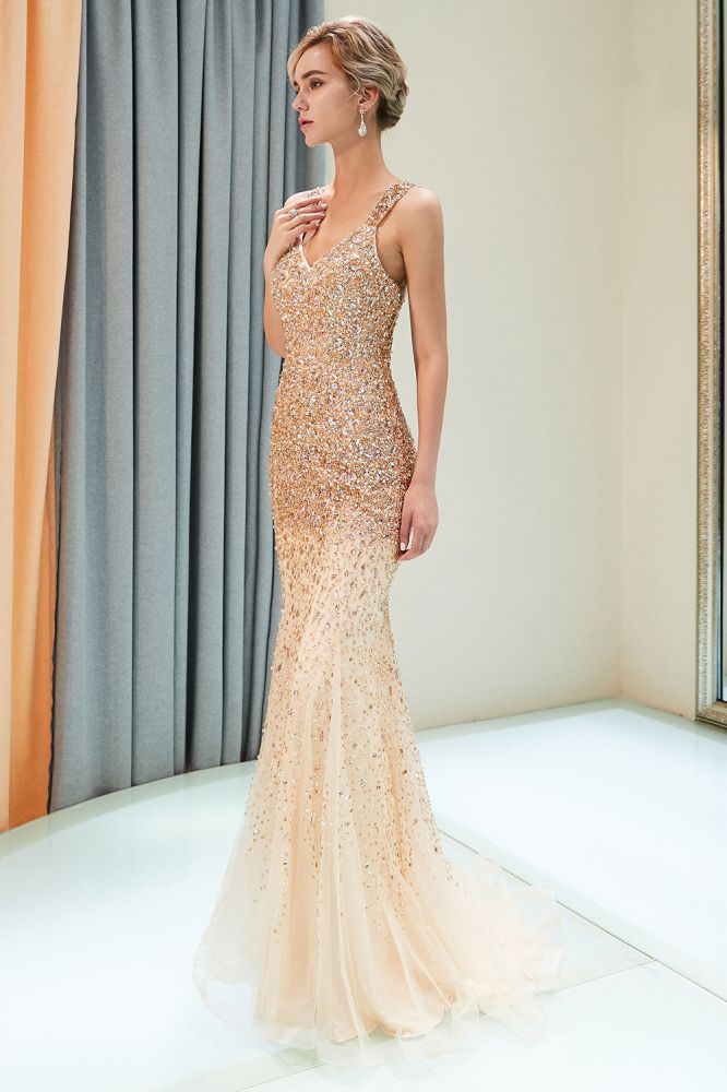 MAY Mermaid Floor Length V-neck Sleeveless Crystals Beading Formal Party Dresses