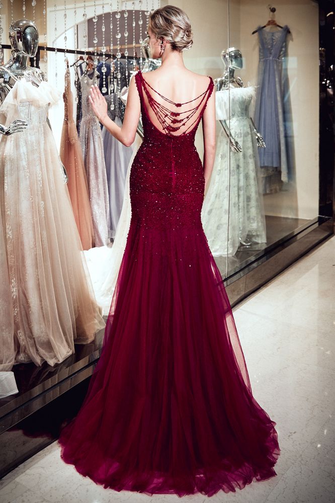 MELBA Mermaid Sleeveless Long Sequined Tulle Burgundy Evening Gowns