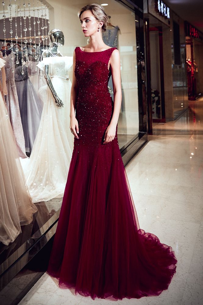 MELBA Mermaid Sleeveless Long Sequined Tulle Burgundy Evening Gowns