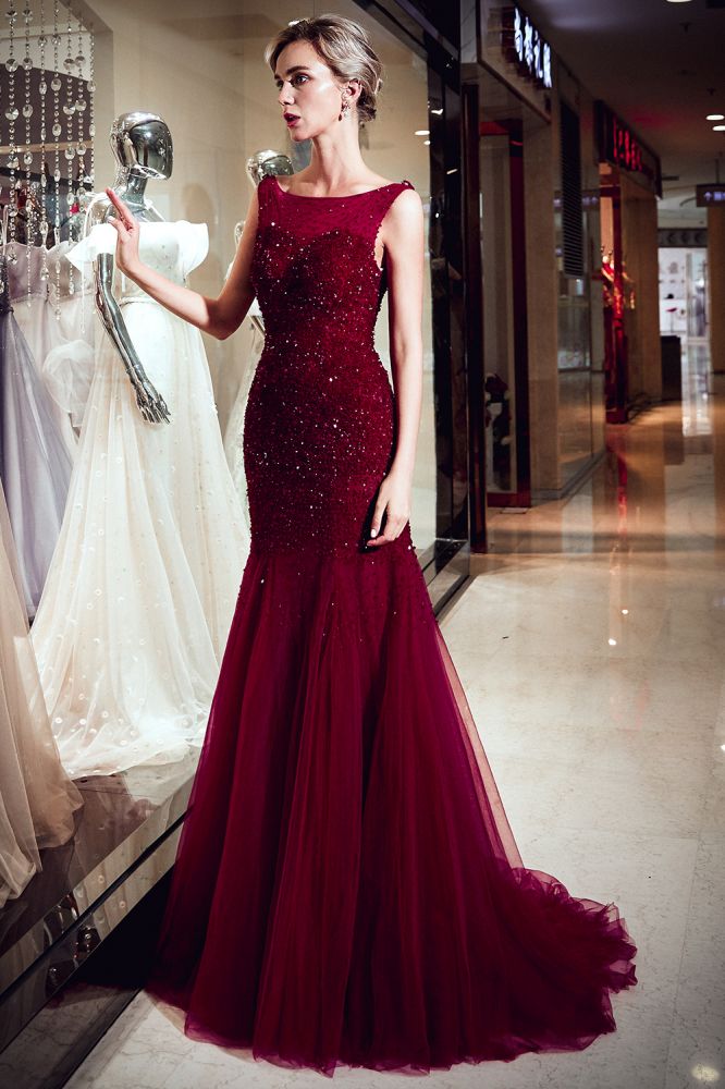 MELBA Mermaid Sleeveless Long Sequined Tulle Burgundy Evening Gowns