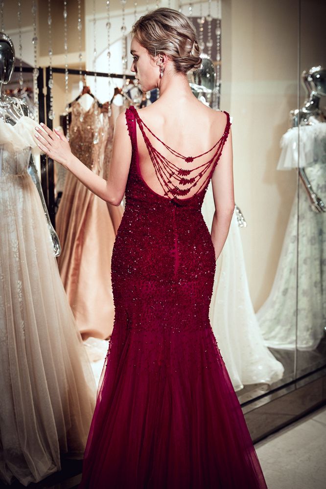 MELBA Mermaid Sleeveless Long Sequined Tulle Burgundy Evening Gowns