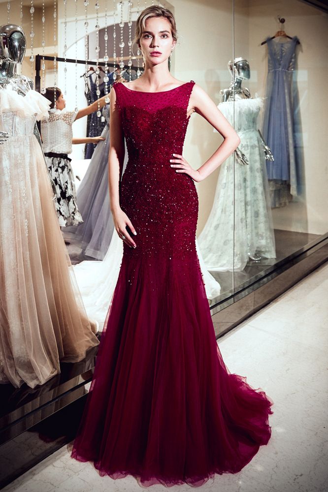 MELBA Mermaid Sleeveless Long Sequined Tulle Burgundy Evening Gowns