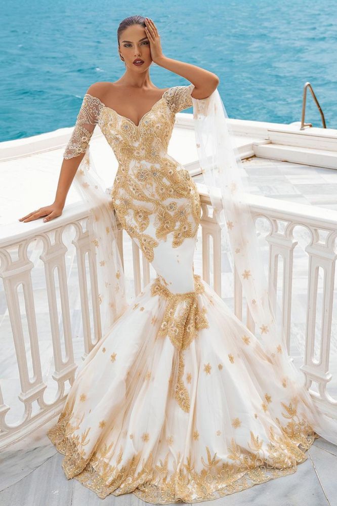 Mermaid Bridal Gowns Gold Appliques Half Sleeve Cape