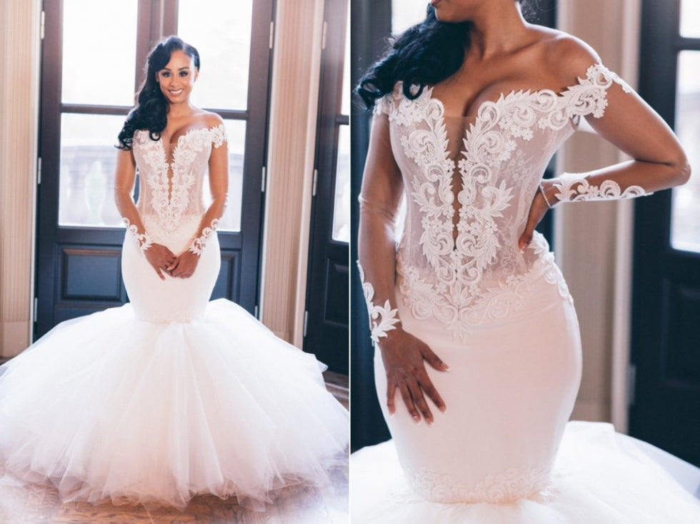 Mermaid Deep V-neck Floor Length Tulle Applique Wedding Dress