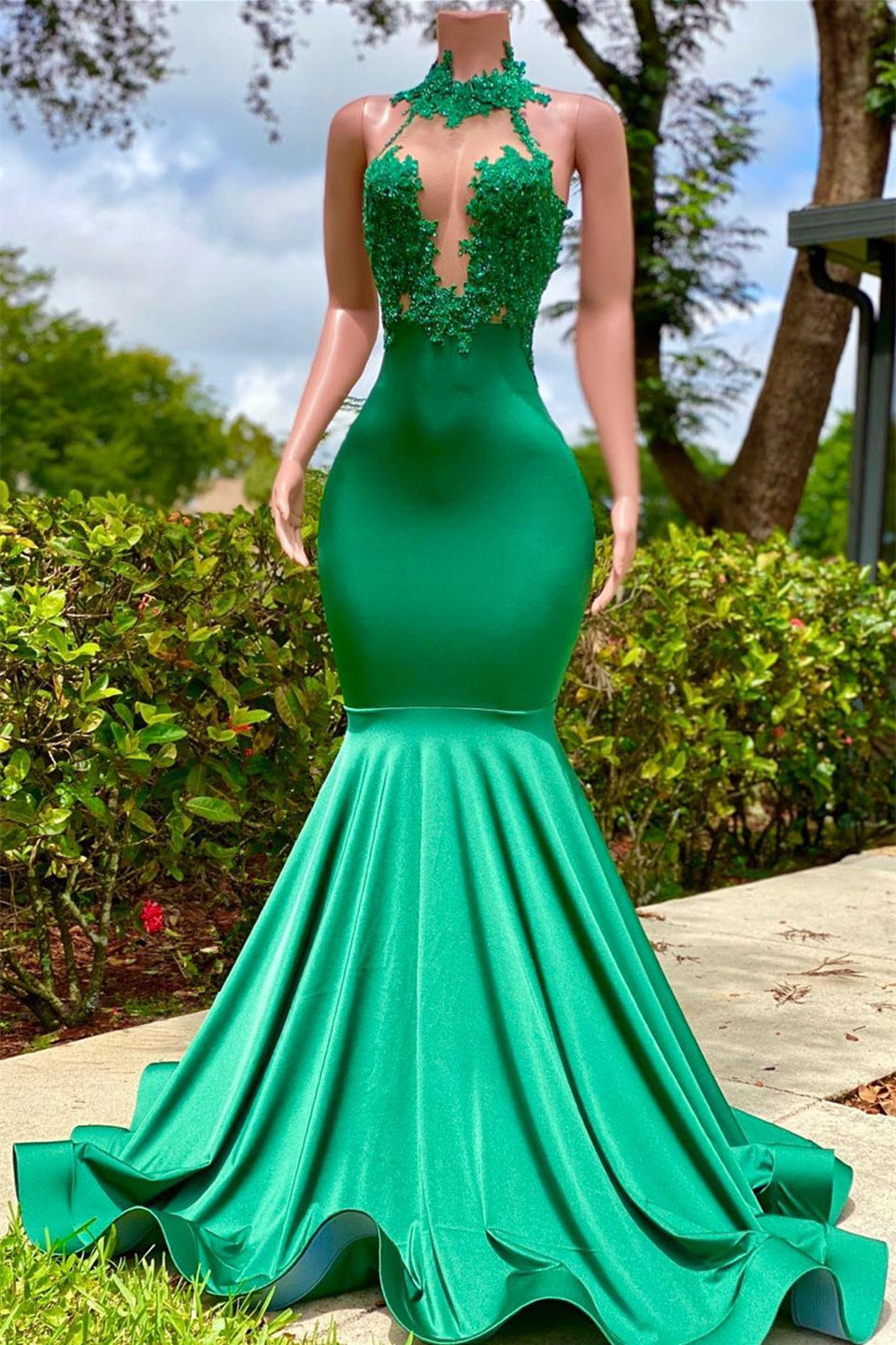 Mermaid High Neck Appliques Lace Sequined Open Back Floor-length Sleeveless Prom Dress