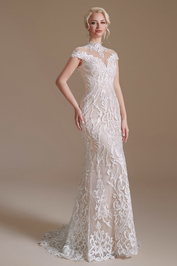 Mermaid High Neck Wedding Dress Lace With Cap Sleeves