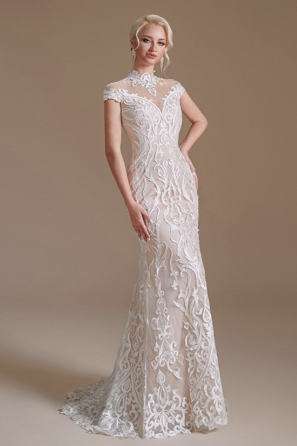 Mermaid High Neck Wedding Dress Lace With Cap Sleeves