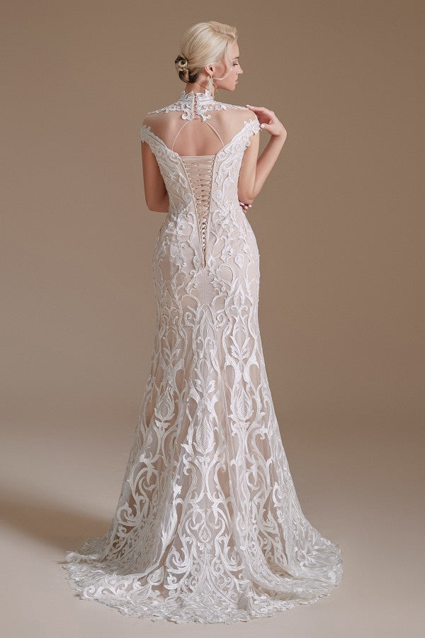 Mermaid High Neck Wedding Dress Lace With Cap Sleeves