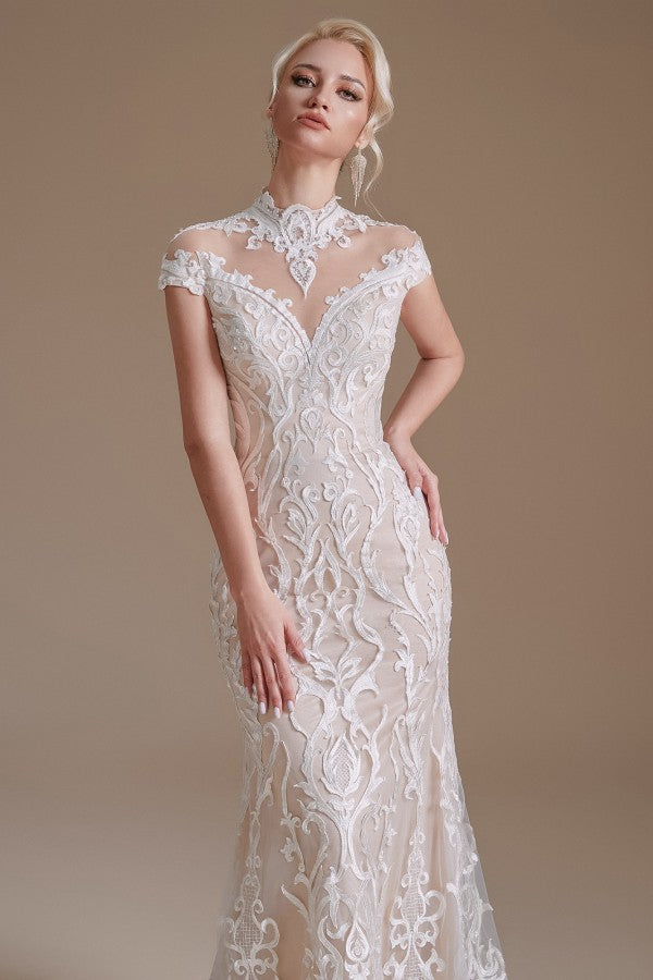 Mermaid High Neck Wedding Dress Lace With Cap Sleeves