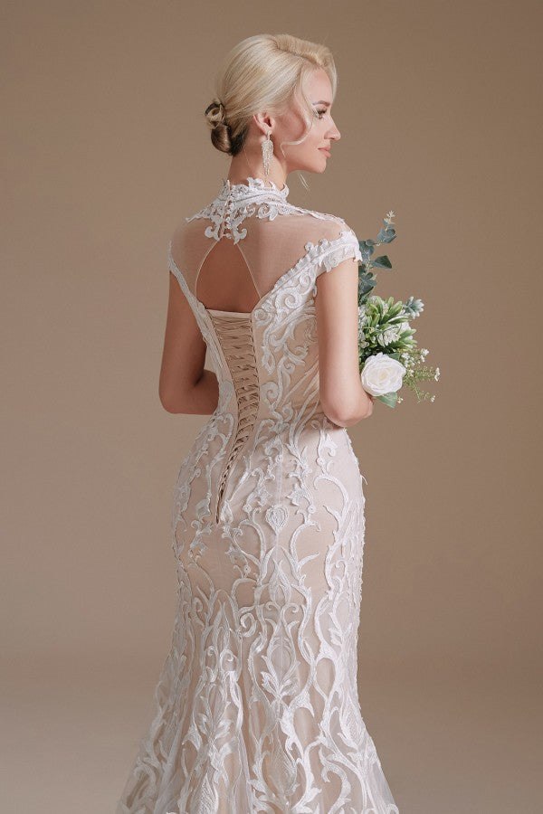 Mermaid High Neck Wedding Dress Lace With Cap Sleeves