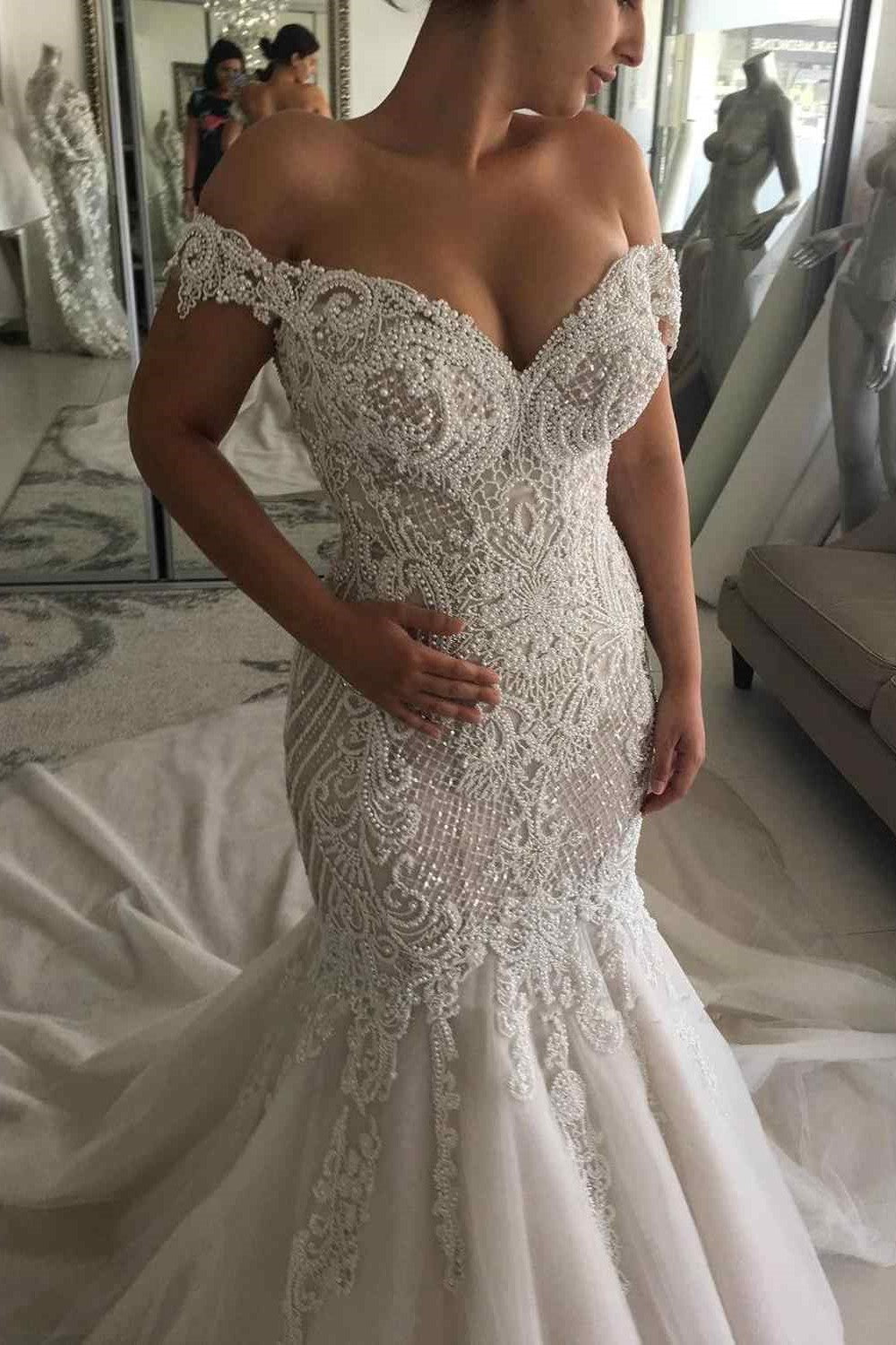 Mermaid Off-the-shoulder Floor Length Applique Beading Wedding Dress