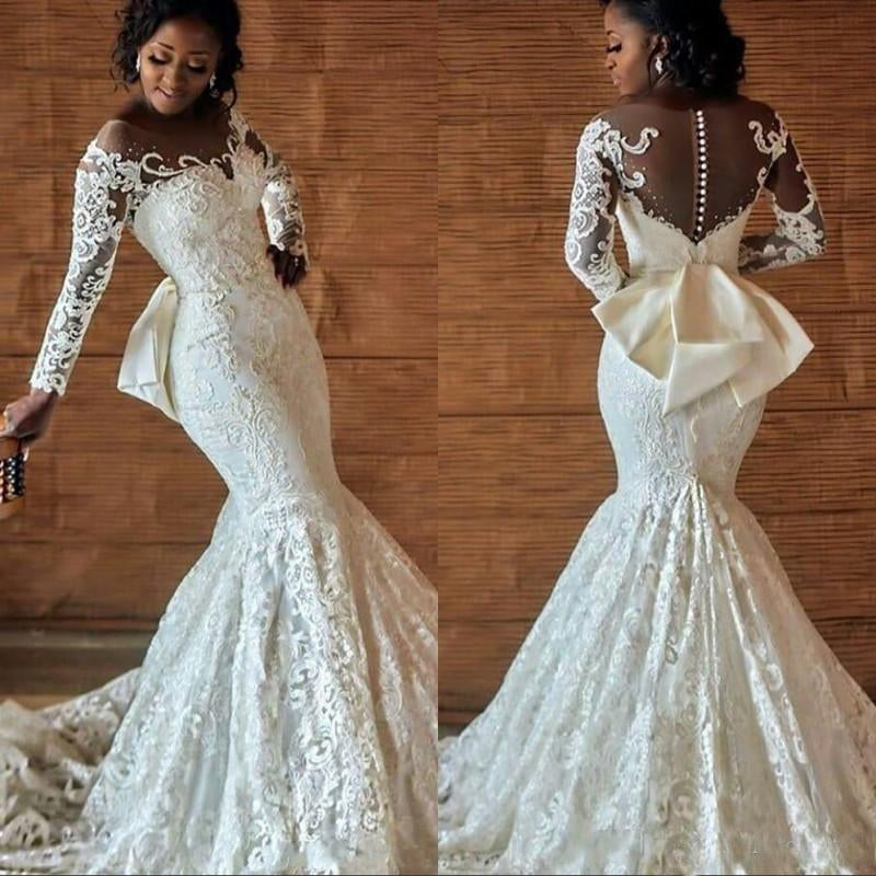 Mermaid Round Collar Long Sleeves Backless Floor Length Charmeuse Applique Wedding Dress