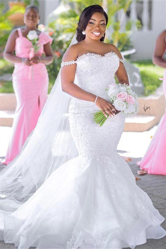 Mermaid Sweetheart Off-the-shoulder Floor-length Sleeveless Backless Appliques Lace  Wedding Dress