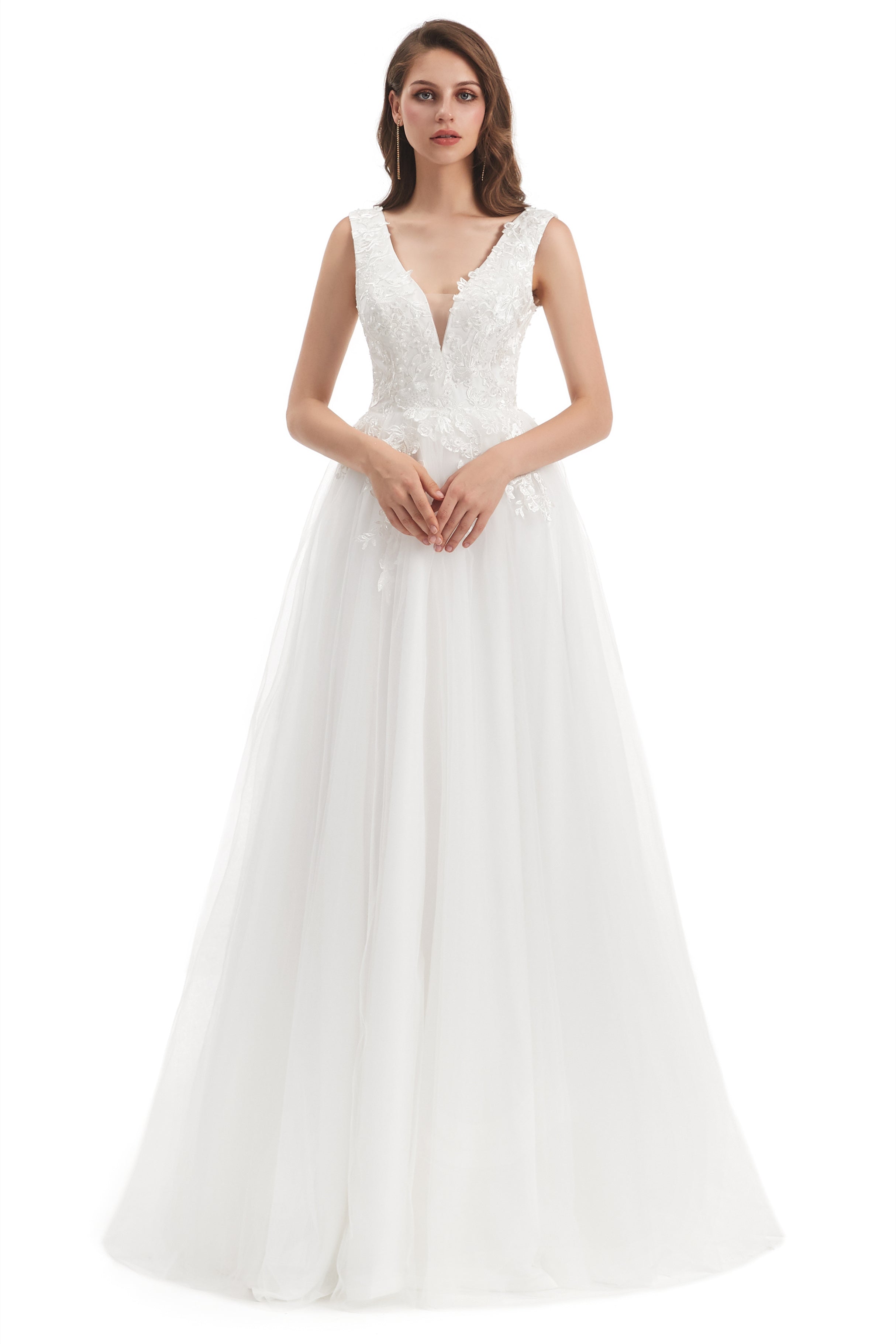 Mermaid V-neck Floor-length Sleeveless Backless Appliques Lace Wedding Dress