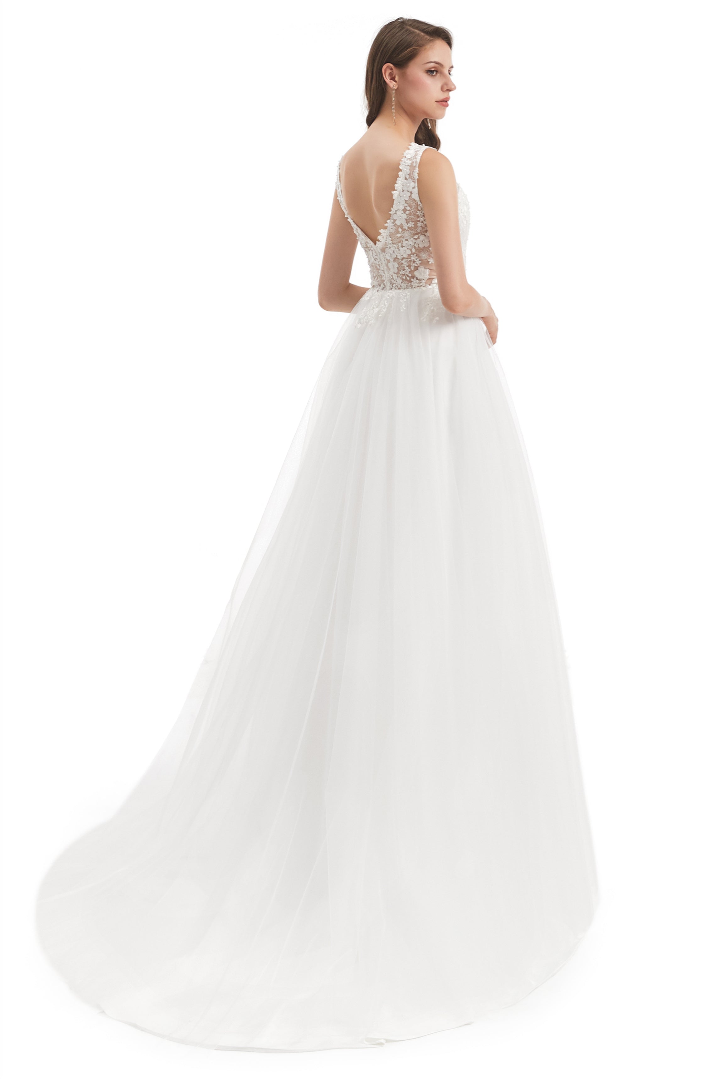 Mermaid V-neck Floor-length Sleeveless Backless Appliques Lace Wedding Dress