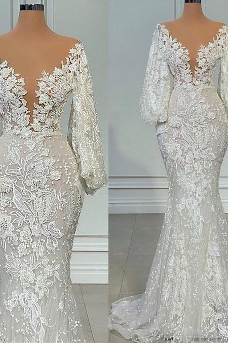 Mermaid V-neck Lace Floor-length Long Sleeve Applique Beaded Wedding Dress