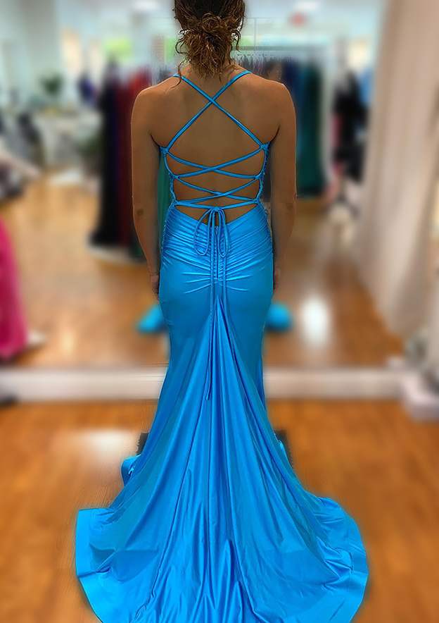 Mermaid V-Neck Sleeveless Sweep Train Jersey Prom Dress/Evening Dress with Pleated Trumpet