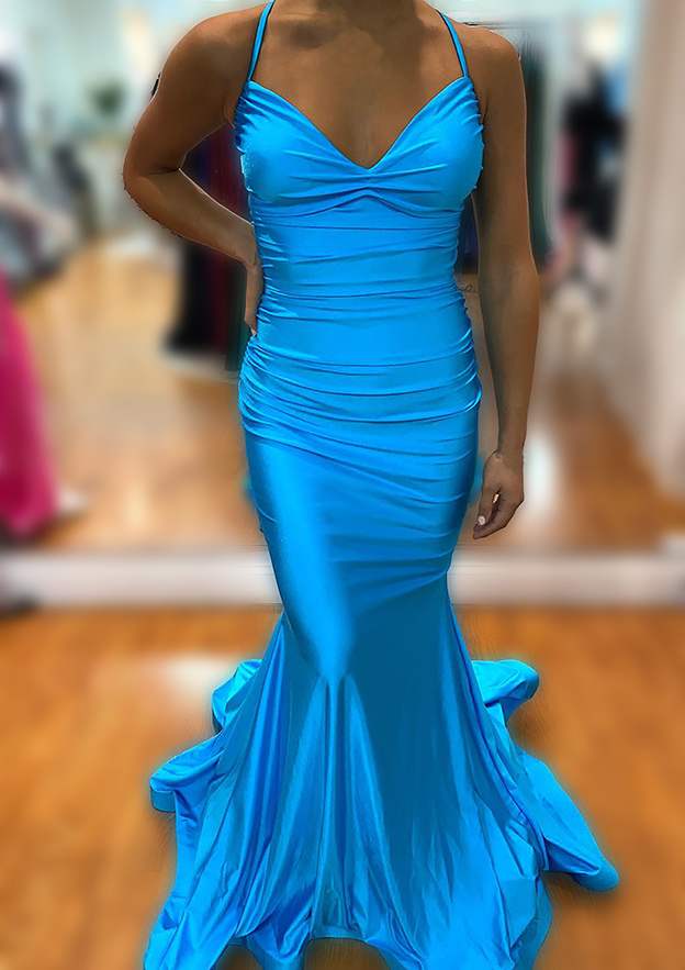 Mermaid V-Neck Sleeveless Sweep Train Jersey Prom Dress/Evening Dress with Pleated Trumpet