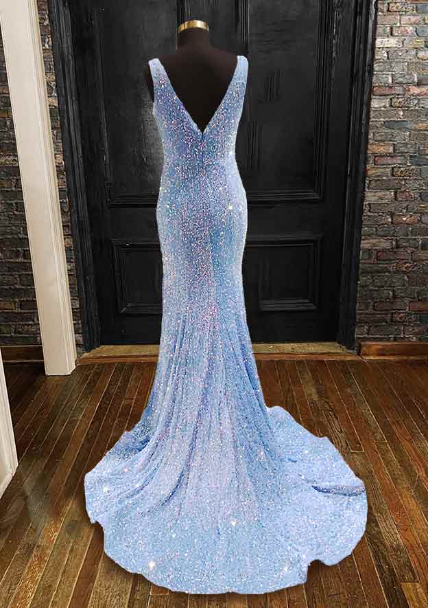 Mermaid V-Neck Sleeveless Velvet Sequins Prom Dress/Evening Dress with Sheath/Column Trumpet Sweep Train