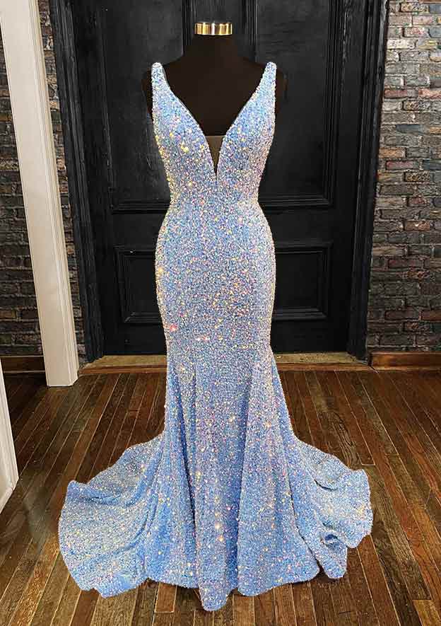 Mermaid V-Neck Sleeveless Velvet Sequins Prom Dress/Evening Dress with Sheath/Column Trumpet Sweep Train